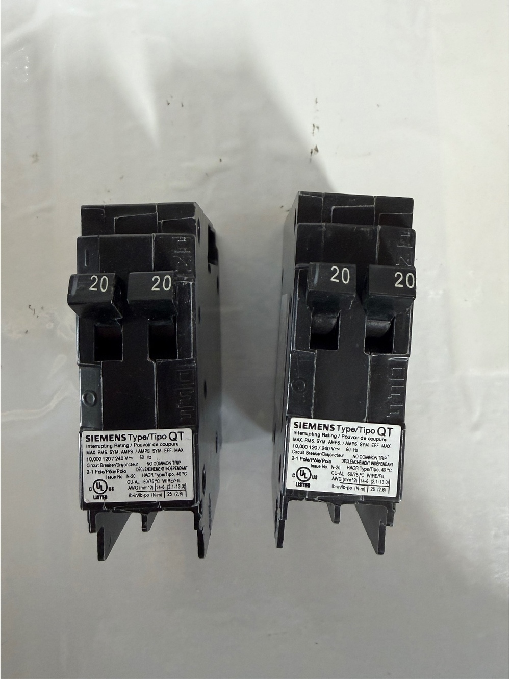 Siemens QT 20 Amp Double Pole Circuit Breakers - Lot of 2